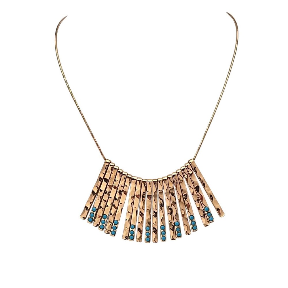 New Gold Tone Fringe Necklace Turquoise Beads Hammered Bars - 11K